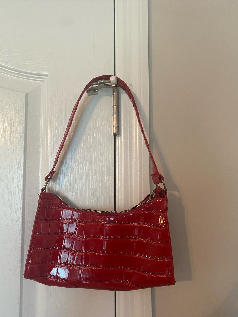Red Croc-Embossed Shoulder Bag
